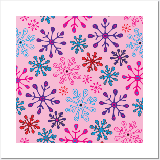 SNOWFLAKES Christmas Xmas Winter Holidays in Non-Traditional Fuchsia Pink Purple Blue Red on Pink - UnBlink Studio by Jackie Tahara Posters and Art